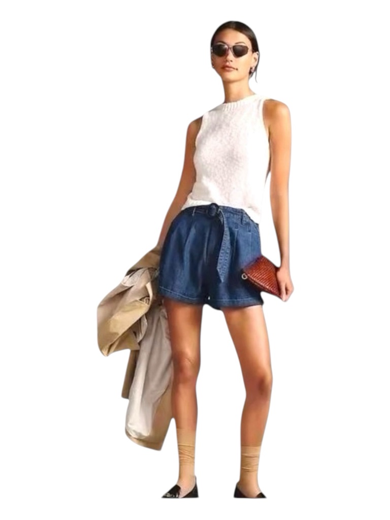 Anthropologie Avec Les Filles Belted Pleated Denim Shorts, Size 12.